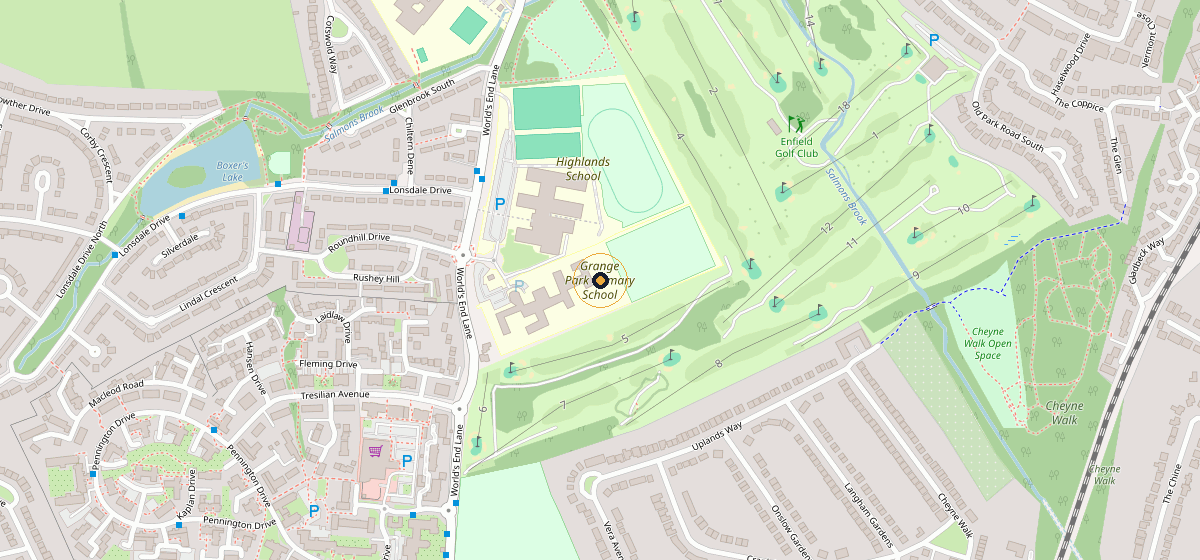 Map showing The Greek Academy at Grange Park Primary School on Worlds End Lane, N21 1PP, between Grange Park and Winchmore Hill.